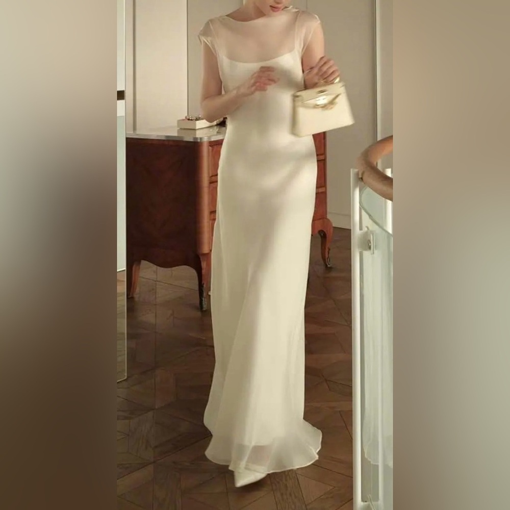 Sheer-Overlay Cream Maxi Dress - Sleek Evening Gown